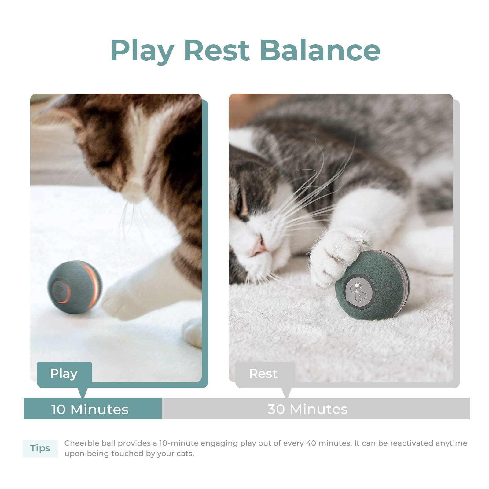 Cheerble Interactive Cat Ball Toy, Automatic Moving Ball Puzzle Toy for Indoor Cat Kitten, Smart Anti-Depression Pet Toy Fun Gift with Light (Green)