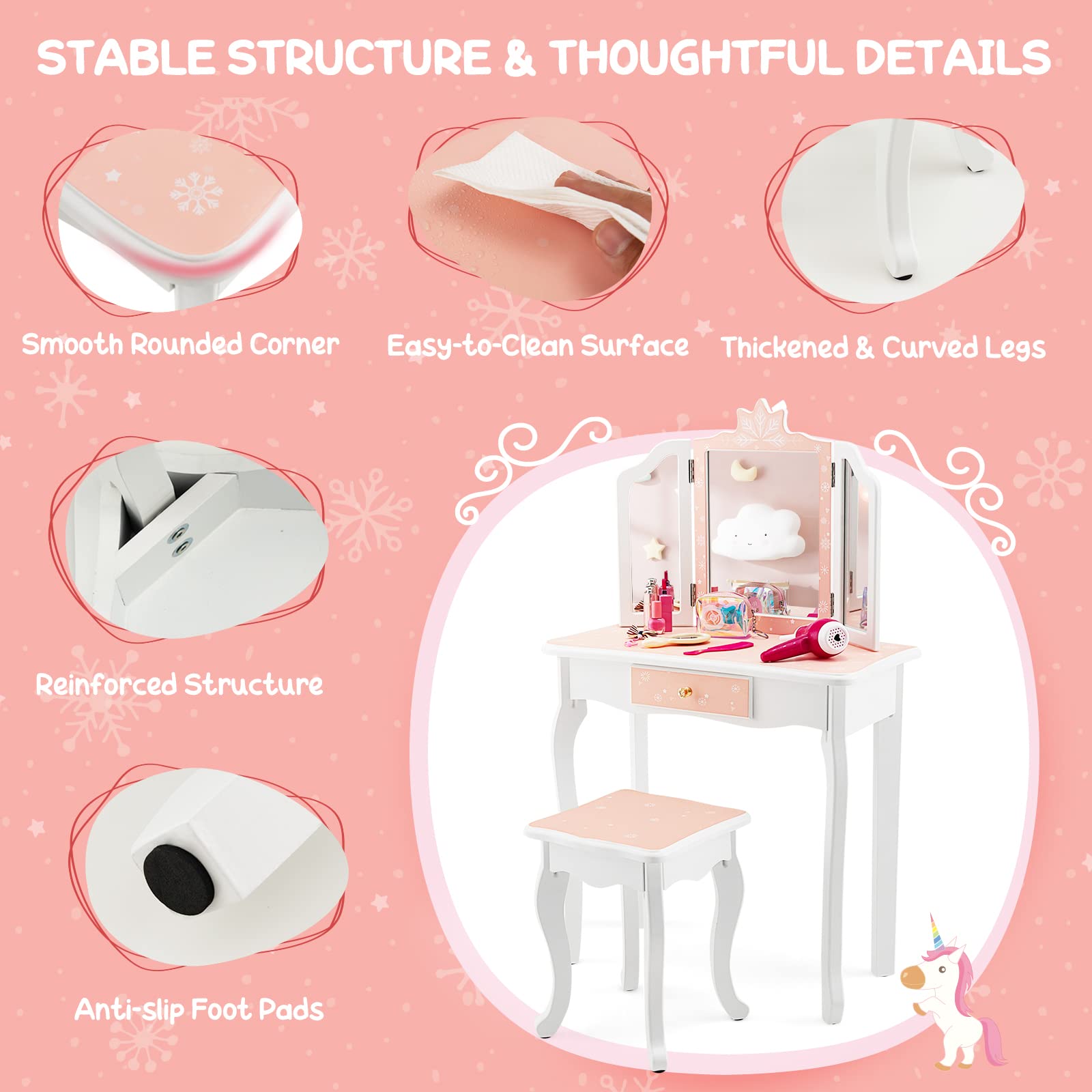 Costzon Kids Vanity Table and Chair Set, Girls Vanity Set with Mirror and Stool, Storage Drawer, Wooden Princess Makeup Dressing Table, Toddler Vanity, Pretend Play Vanity Set for Little Girls