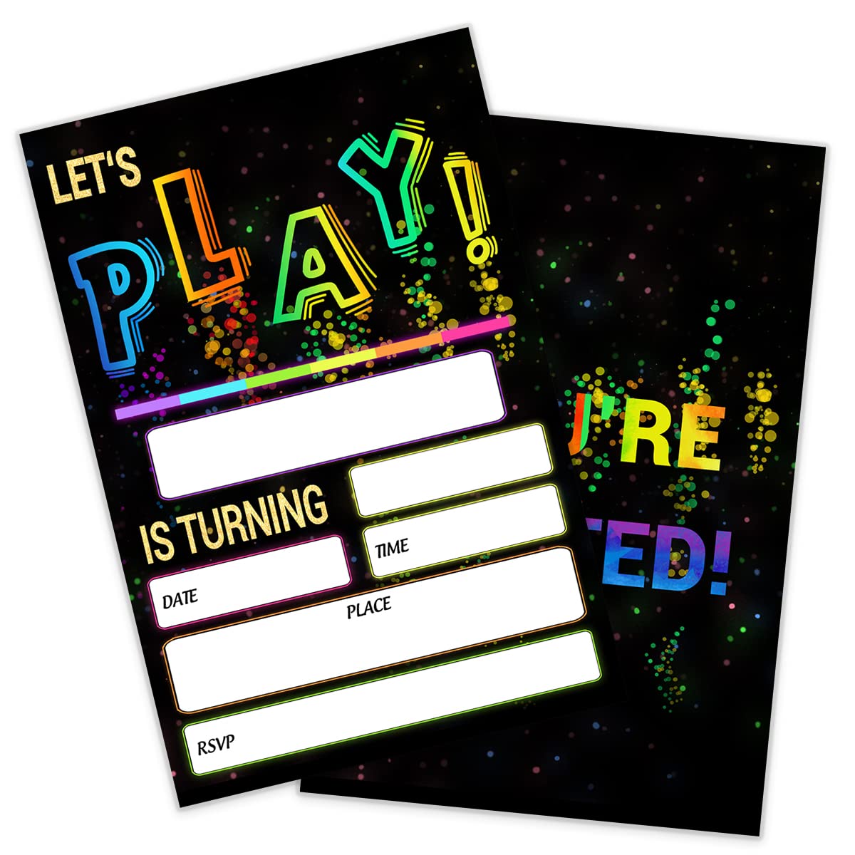 SHLINCO Glow Let's Play birthday party invitations for boys girls, Neon Party Invites for kids, Double Sided Design(20 Cards + Envelopes)