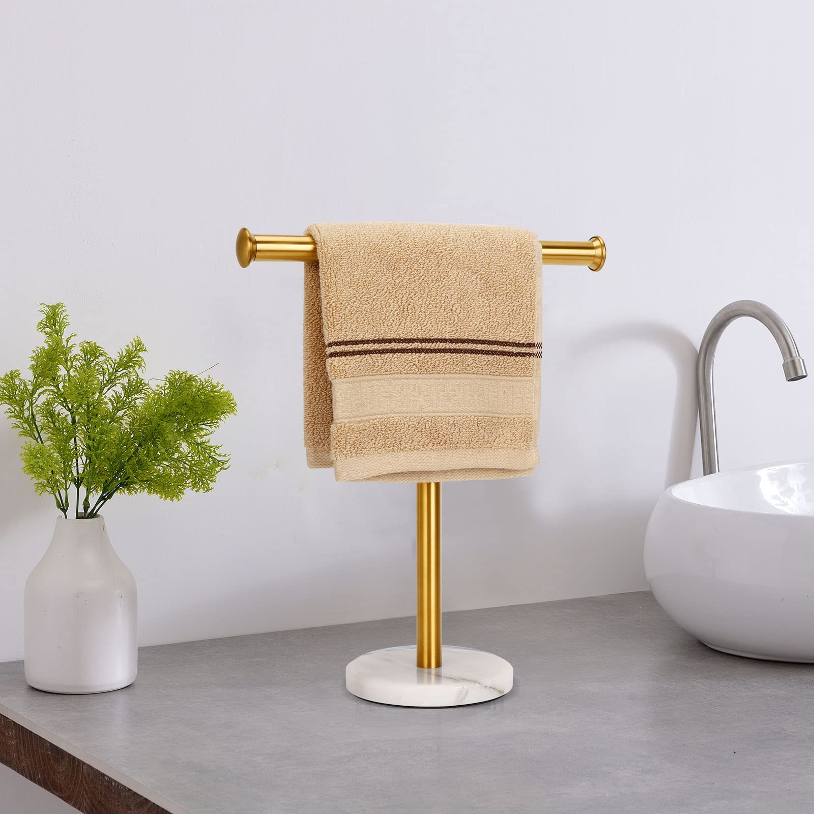 Songtec Gold Hand Towel Holder Stand, Fingertip Towel Rack with Heavy Marble Base, Accessories Jewelry Stand (Marble Base, Gold)