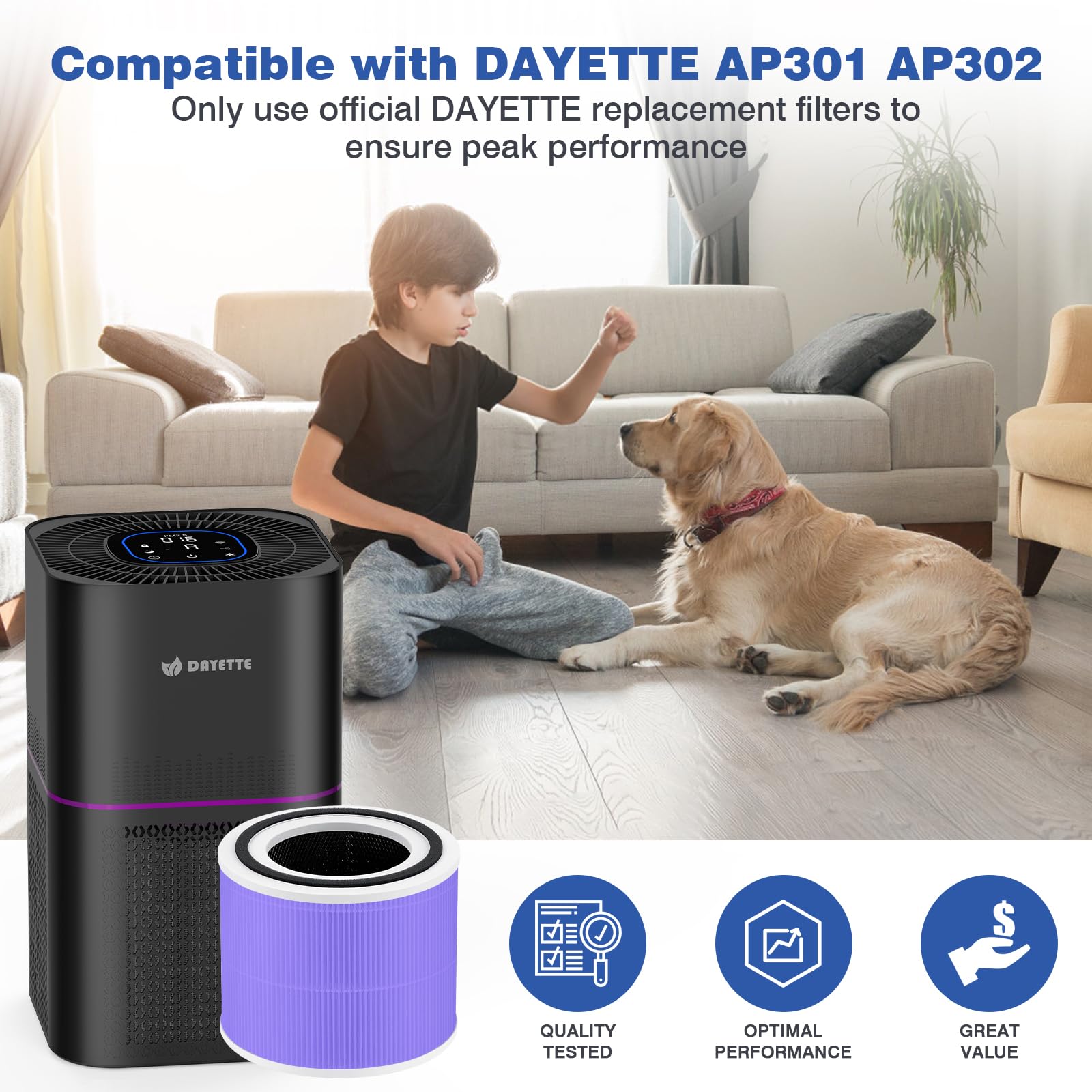 DAYETTE AP301 AP302 Replacement H14 HEPA Air Purifier Filter, Designed for Pets Odors Allergy, Activated Carbon