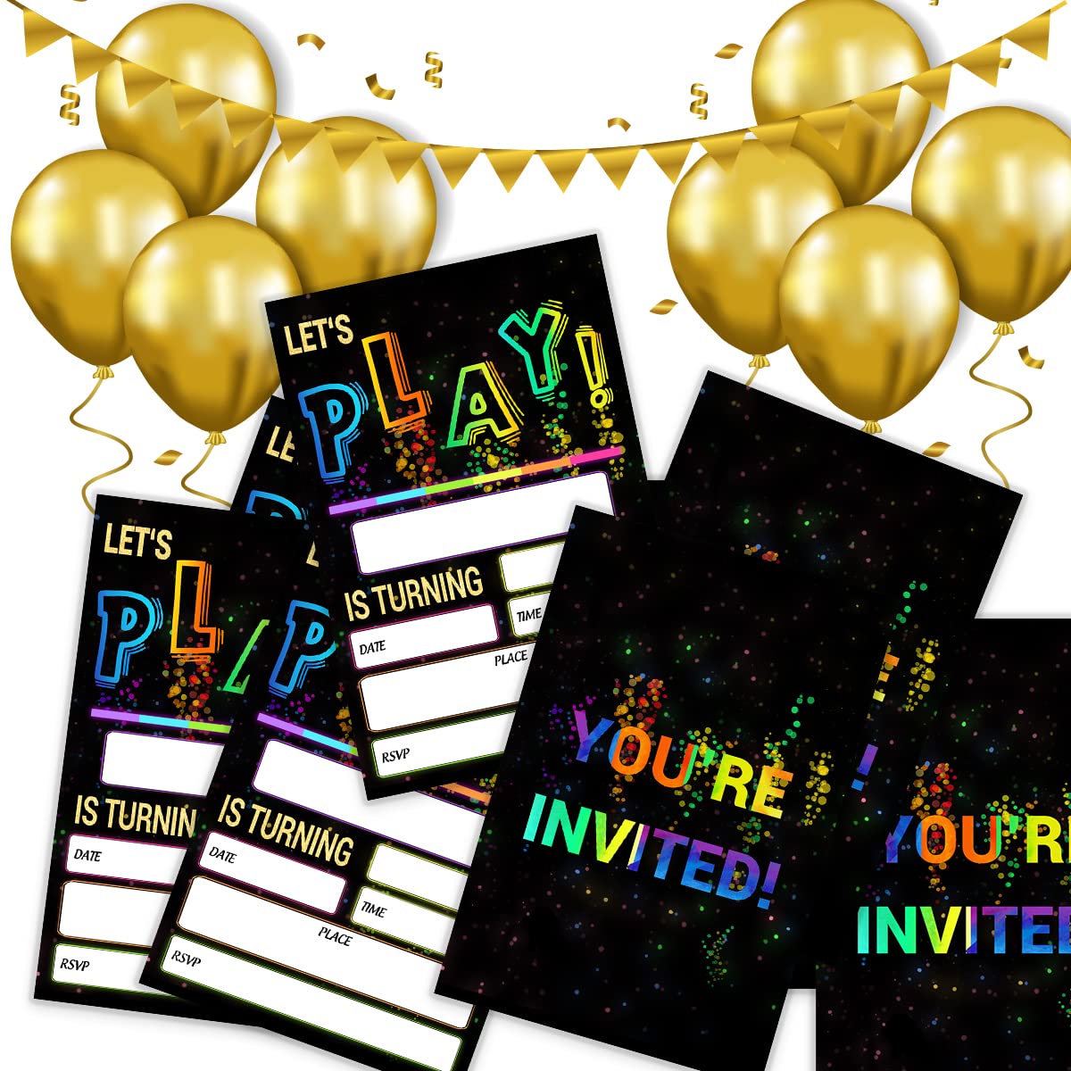 SHLINCO Glow Let's Play birthday party invitations for boys girls, Neon Party Invites for kids, Double Sided Design(20 Cards + Envelopes)