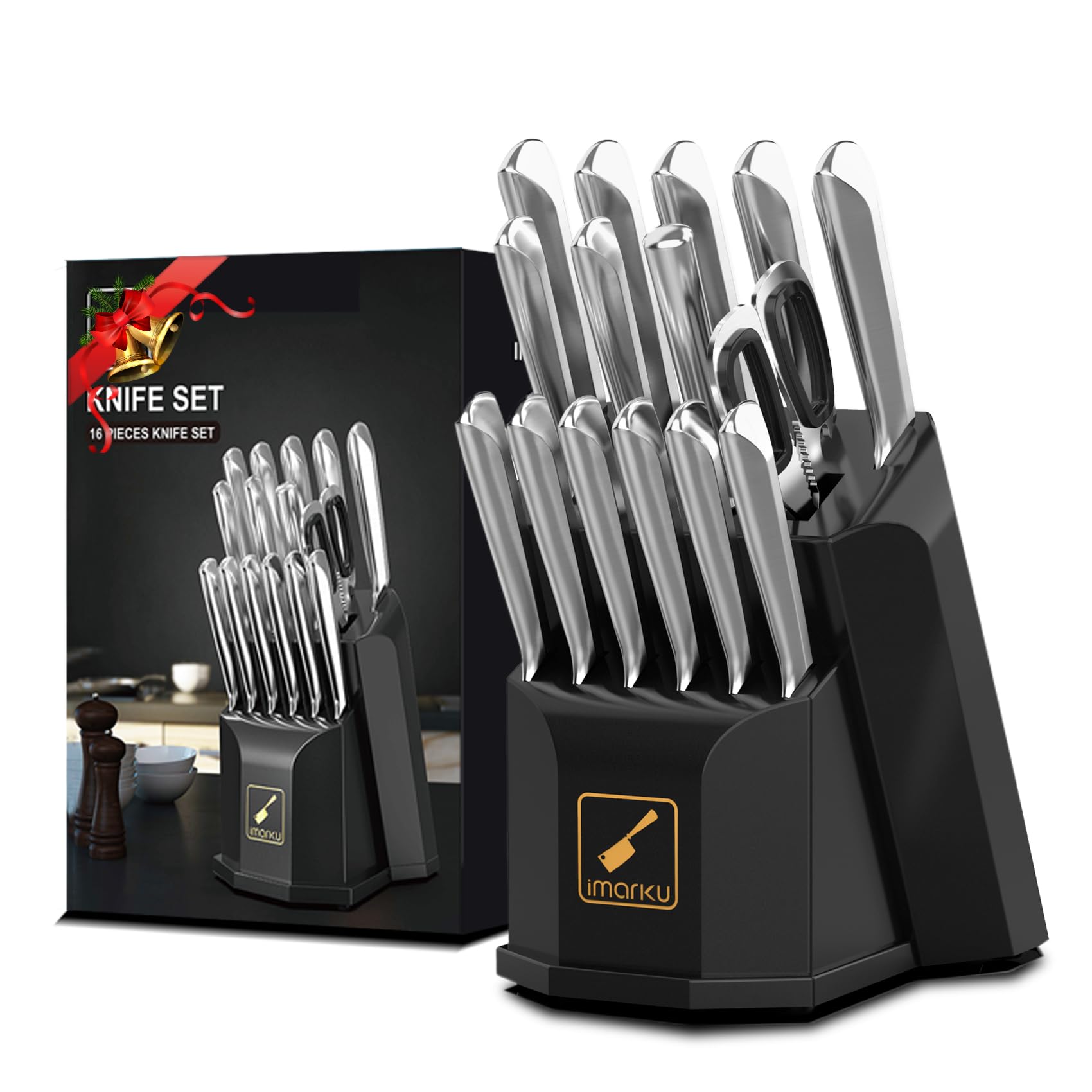 imarku Knife Set, 16 Pcs Kitchen Knife Set with Block, Ultra Sharp Stainless Steel Chef Knife Set, Dishwasher Safe Knife Block Set with One-piece Ergonomic Handle, Christmas Gifts for Women and Men