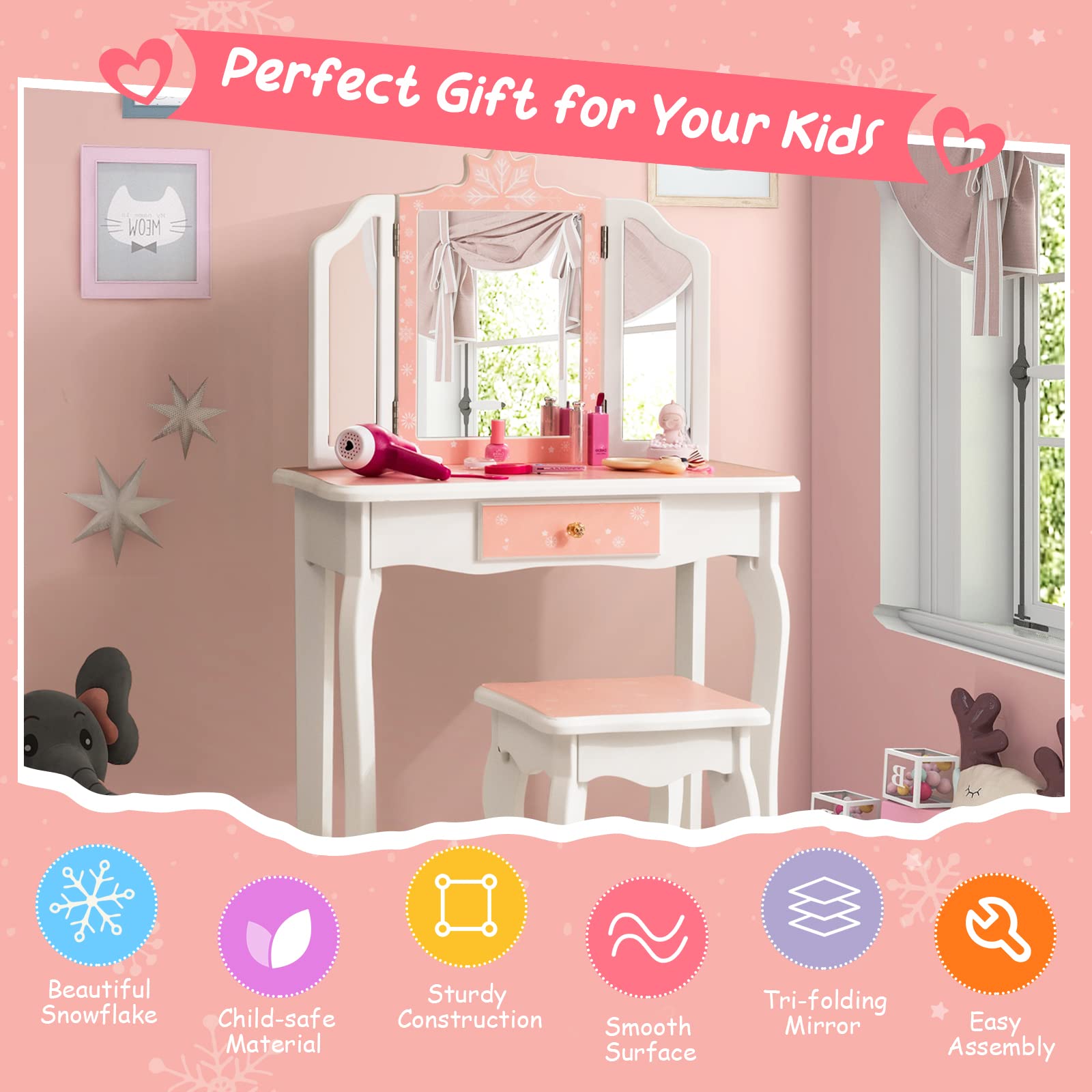 Costzon Kids Vanity Table and Chair Set, Girls Vanity Set with Mirror and Stool, Storage Drawer, Wooden Princess Makeup Dressing Table, Toddler Vanity, Pretend Play Vanity Set for Little Girls