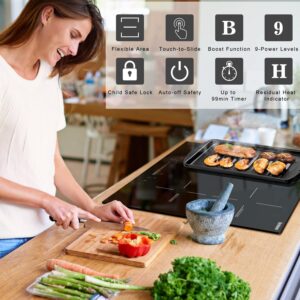 Karinear Induction Cooktop 4 Burners, 7400W 24'' Built-in Induction Stovetop with Flex Zone,Child Safety Lock, Timer, Boost, Slider Control Black Glass Electric Cooktop 220-240V Hard Wire