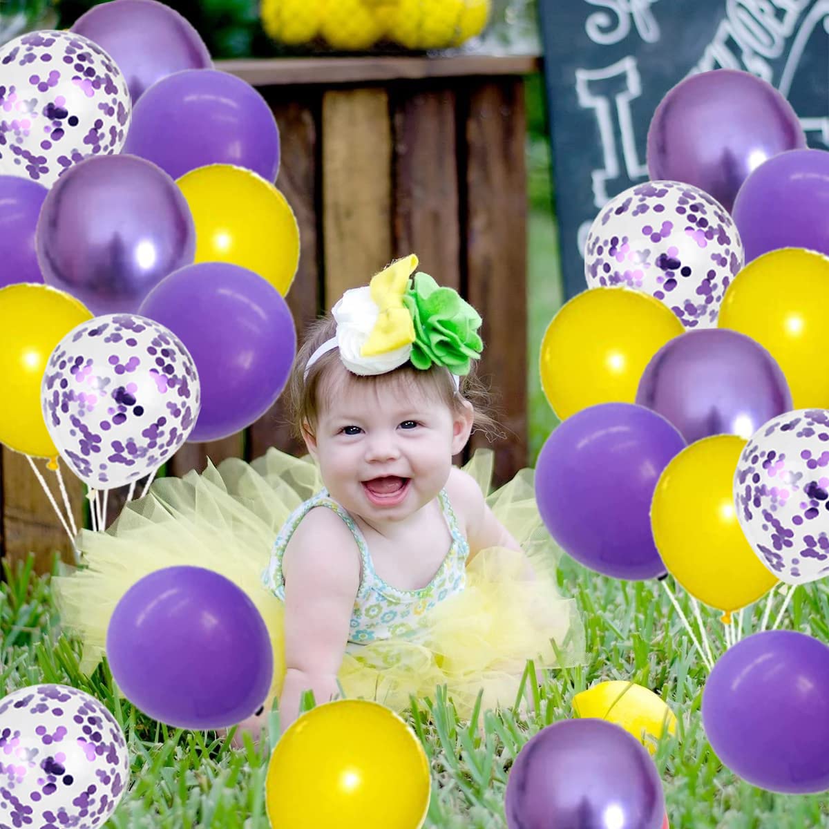 Purple Yellow Balloon Garland Arch Kit, 122PCS Yellow and Lavender Purple Confetti Balloons Metallic Purple Balloons for Birthday Wedding Anniversary Basketball Graduation Party Decorations…