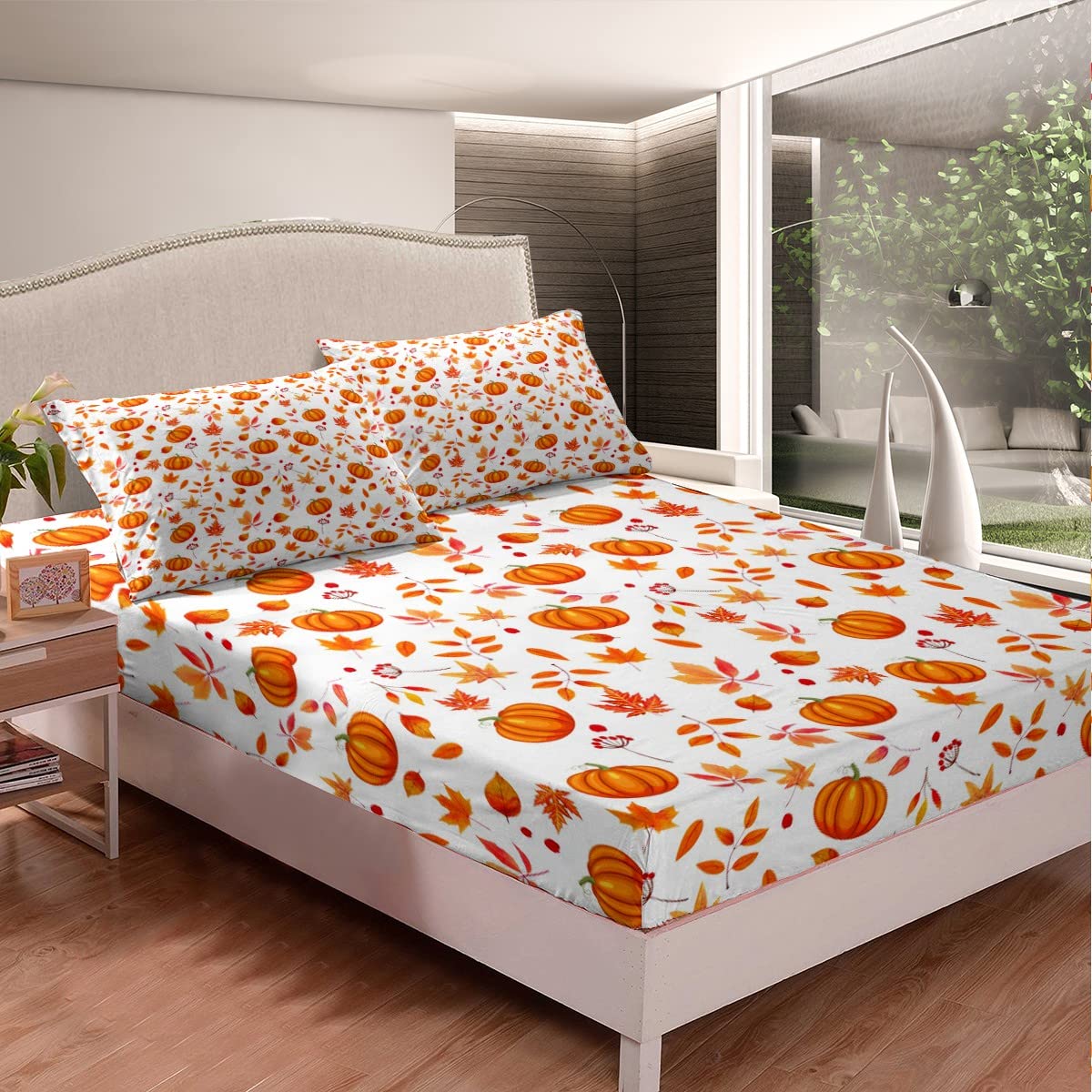 Happy Fall Fitted Sheet Halloween Autumn Pumpkin Bed Sheets Queen,Cute Fall Flowers Maple Leaf Bedding Set Thanksgiving Sheet Set Gifts For Kids Boys Girls Fall Home Bedroom Decor Flat Sheet 4 Pcs