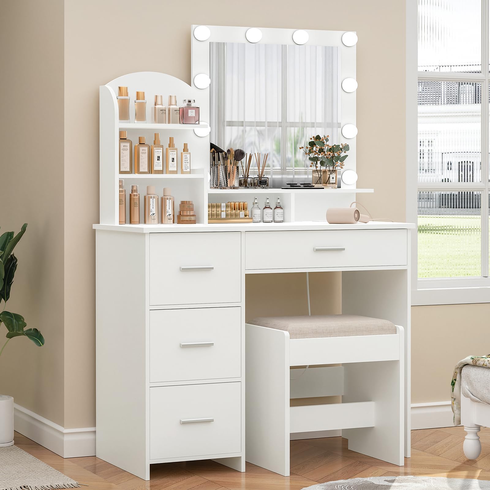 Quimoo Makeup Vanity with 10 Light Bulbs and Charging Station, Vanity Desk with Lighted Mirror & 4 Drawers Chest, Vanity Set, Vanity Table Set with Cushioned Stool, for Bedroom,White