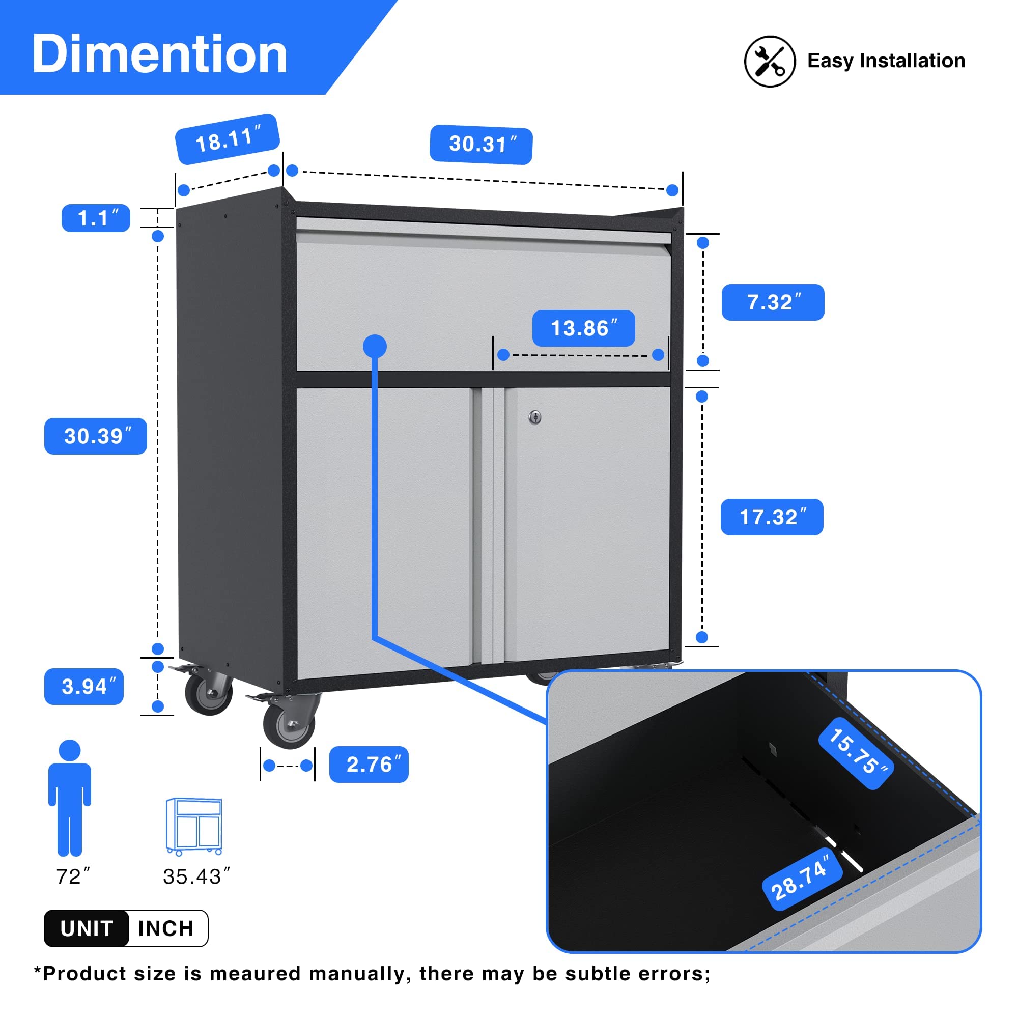 SUXXAN Metal Cabinet with Wheels/Drawers, Storage Cabinet on Wheels, Tool Cabinet with Wheels, Rolling Garage Cabinet with 2 Doors/1 Adjustable Shelves for Home/Office/Garage, Assembly Required