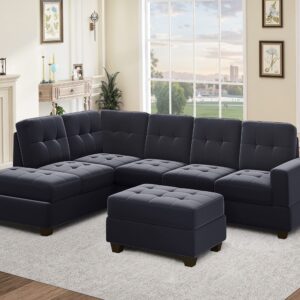 P PURLOVE Modern Sectional Sofa, Reversible Sectional Sofa with Storage Ottoman, L Shaped Couch Set with Reversible Chaise and Two Cup Holders, for Living Room Apartment, Black