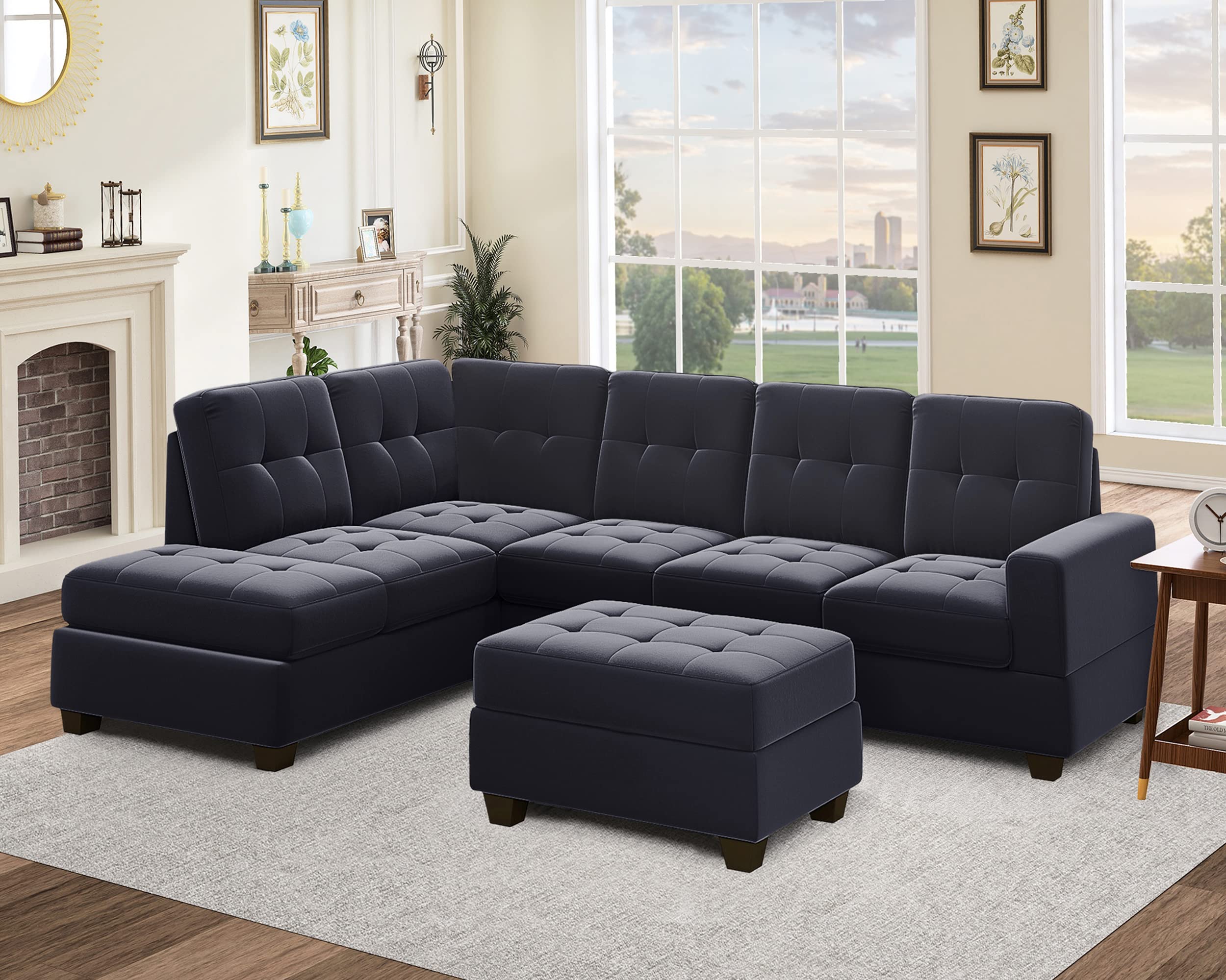 P PURLOVE Modern Sectional Sofa, Reversible Sectional Sofa with Storage Ottoman, L Shaped Couch Set with Reversible Chaise and Two Cup Holders, for Living Room Apartment, Black