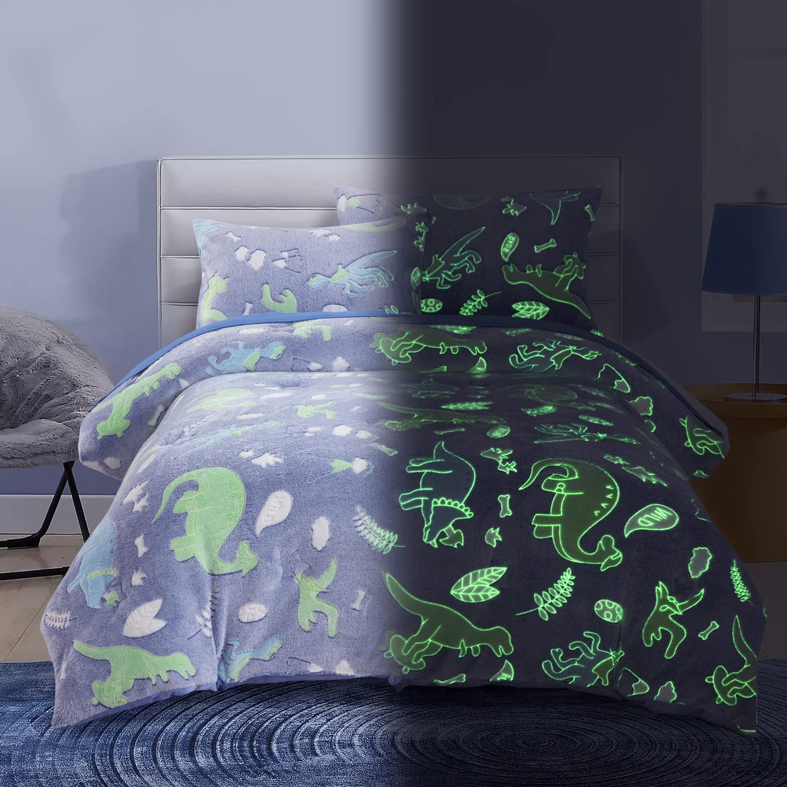 HOMBYS Glow in The Dark Comforter Set 5 Piece Twin/Twin XL with Sheets, Blue Dinosaur Velvet Bedding Comforter Sets for Twin Bed, Ultra Soft Down Alternative Comforter for Boys Kids, Bed in a Bag