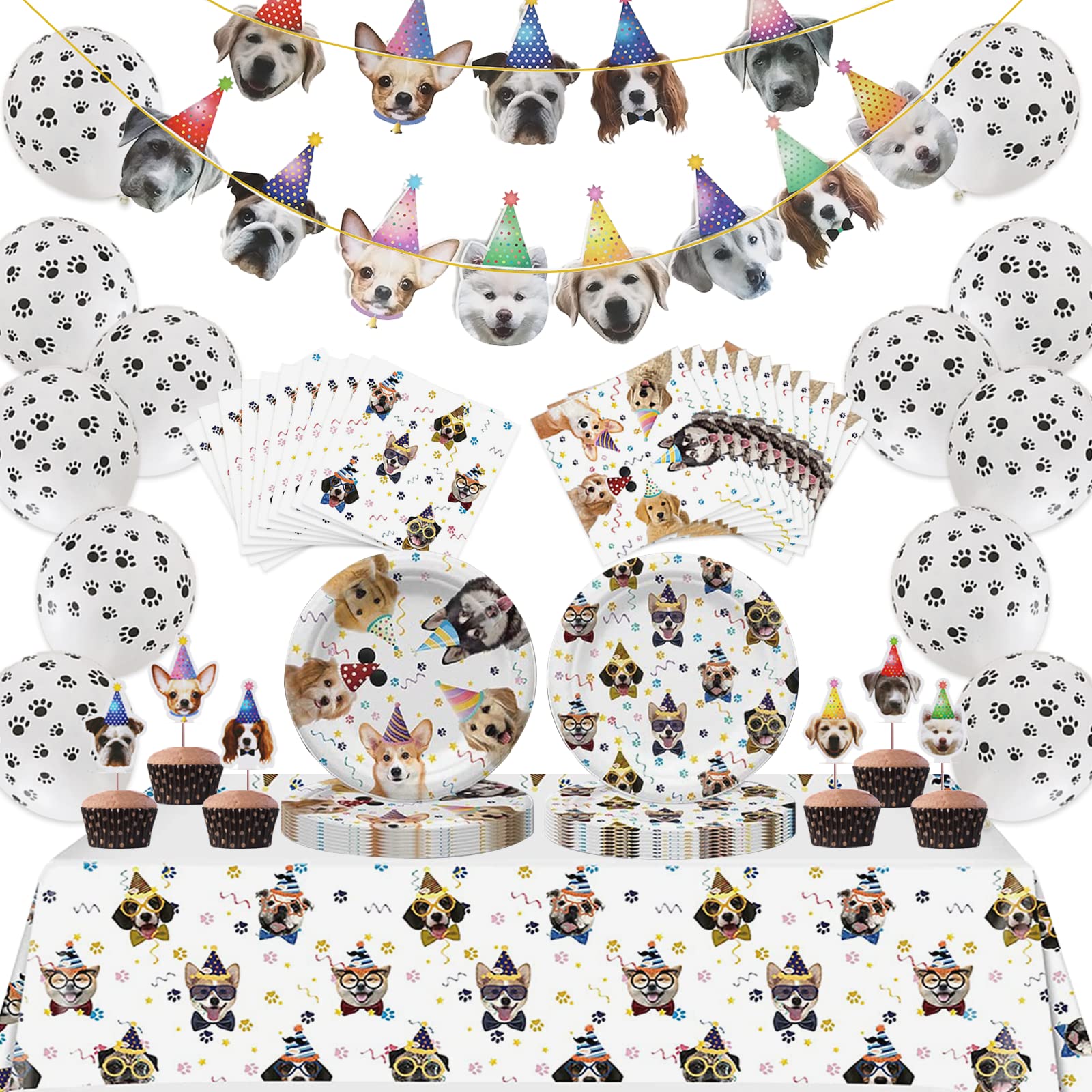 Dog Birthday Party Supplies Serves 20, Puppy Party Decorations Dog Party Plates Banner Napkins Paws Balloons Table Cover and Cake Topper for Doggy Kids Dog Party Decorations