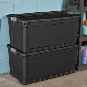 Sterilite 50-Gallon Large Stackable Rugged Industrial Storage Tote Container with Gray Latching Clip Lid for Garage, Attic, Worksite, or Camping