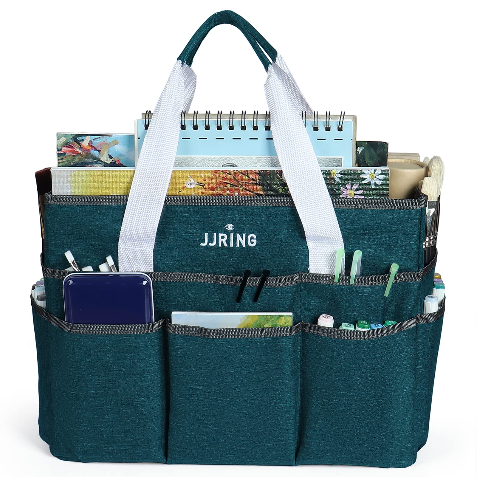 Jjring Craft Organizer Tote Bag, Large Art Storage Caddy with Multiple Pockets, Bluish Green Sewing Bag for Art, Craft, Scrapbooking, School, Medical, and Office Supplies Storage