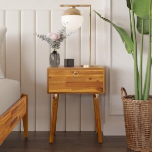 Bme Alden Solid Wood Nightstand/Side Table/End Table, Fully Assembled, with 1-Drawer for Mid Century Bedroom and Living Room, (12mm), Caramel