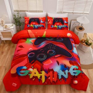 aimuan gaming comforter sets for boys kids bedding sets video games console action buttons novelty colorful game gamepad controller modern gamer room decor home quilt set (twin, red)