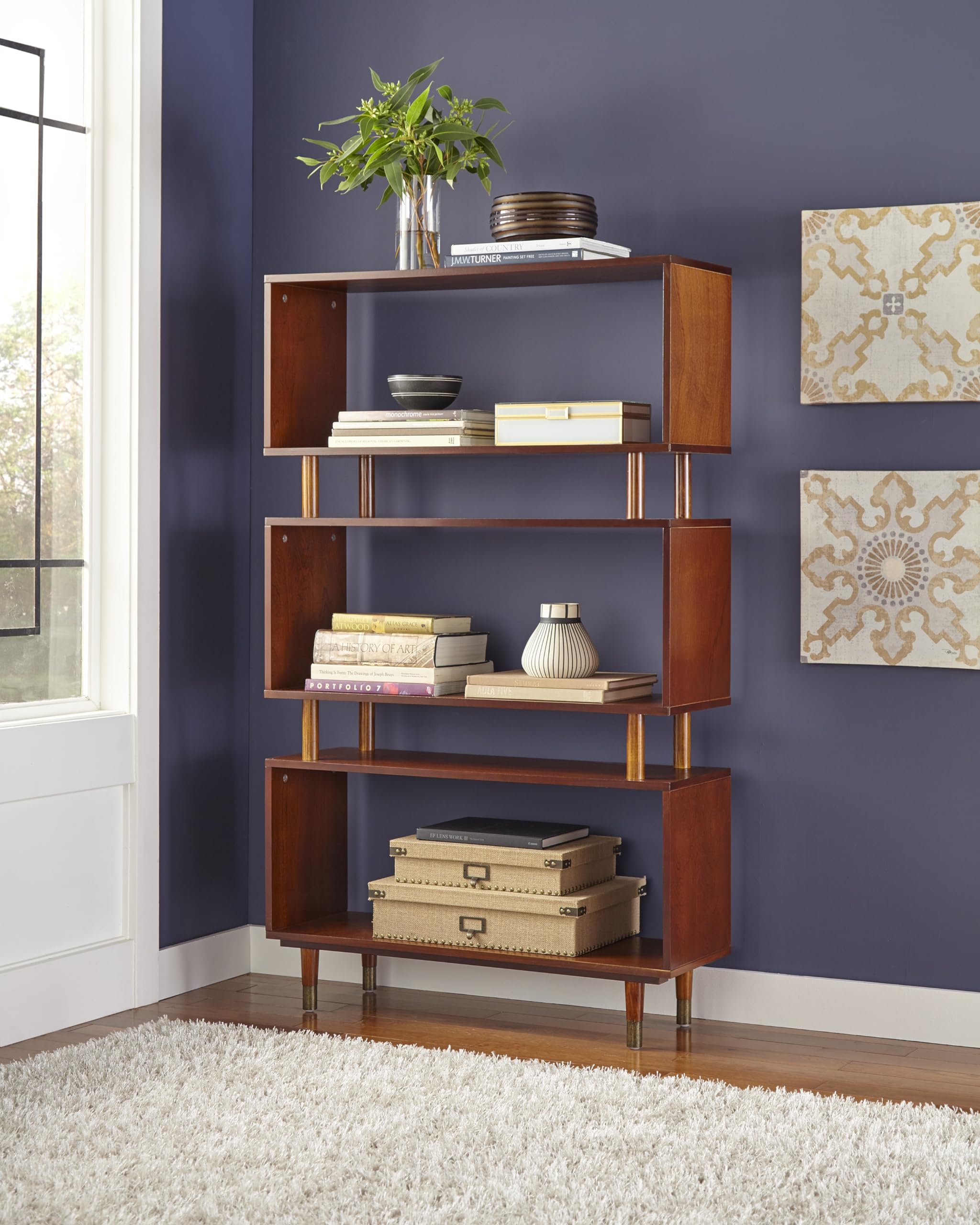 Target Marketing Systems Margo 3-Tier Bookshelf for Home Office, Study, Living Room, Bedroom, Entryway and Hallway, Mid-Century Style Open Bookcase, 36”W x 59.5”H, Walnut