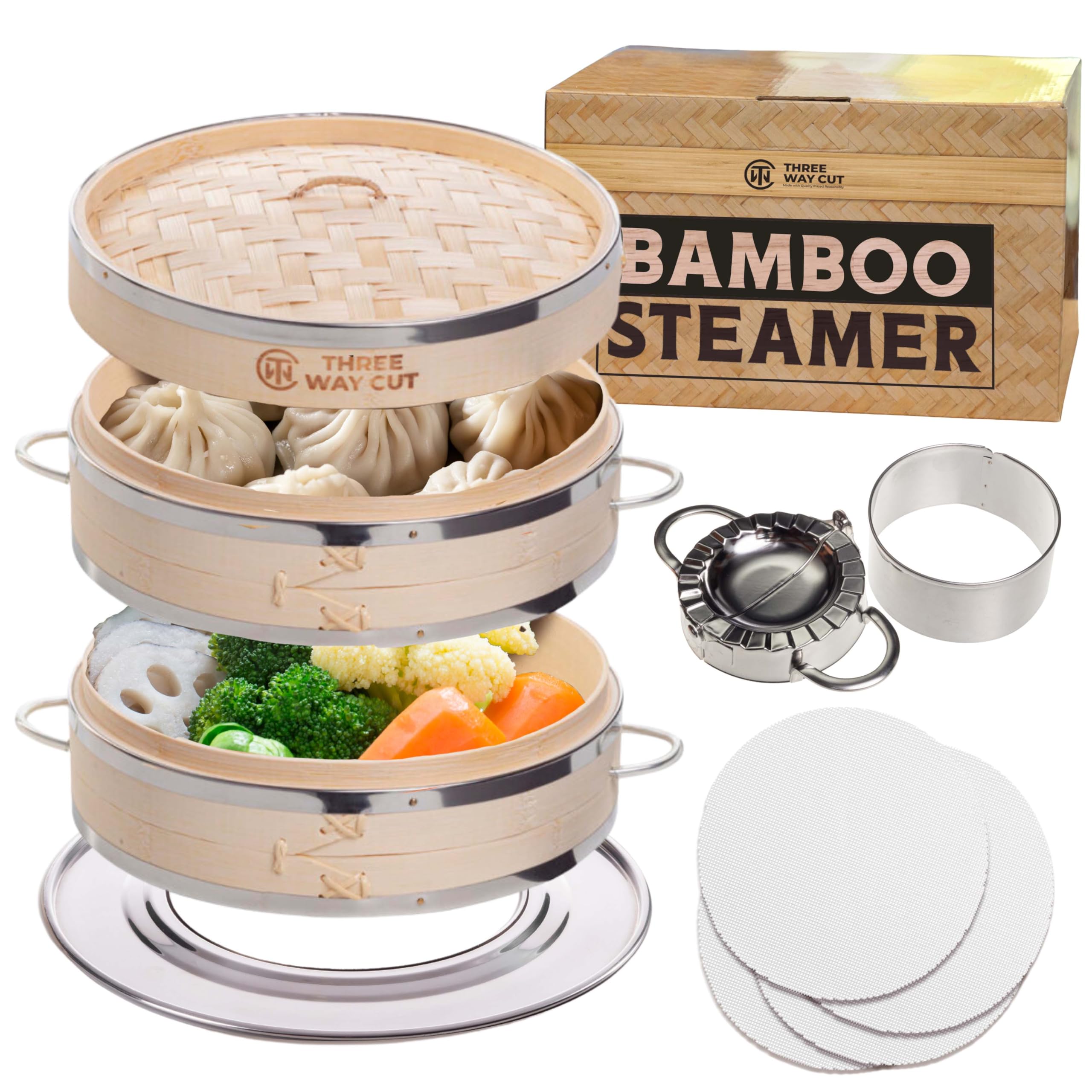 Dumpling Bamboo Steamer 10 Inch 2 Tier Wooden Basket With Handle, Ring Adapter, Reusable Silicone Liner, Kit For Cooking Baby Bao Bun, Dim Sum, Rice Potsticker Steaming Chinese Asian Food & Vegetables