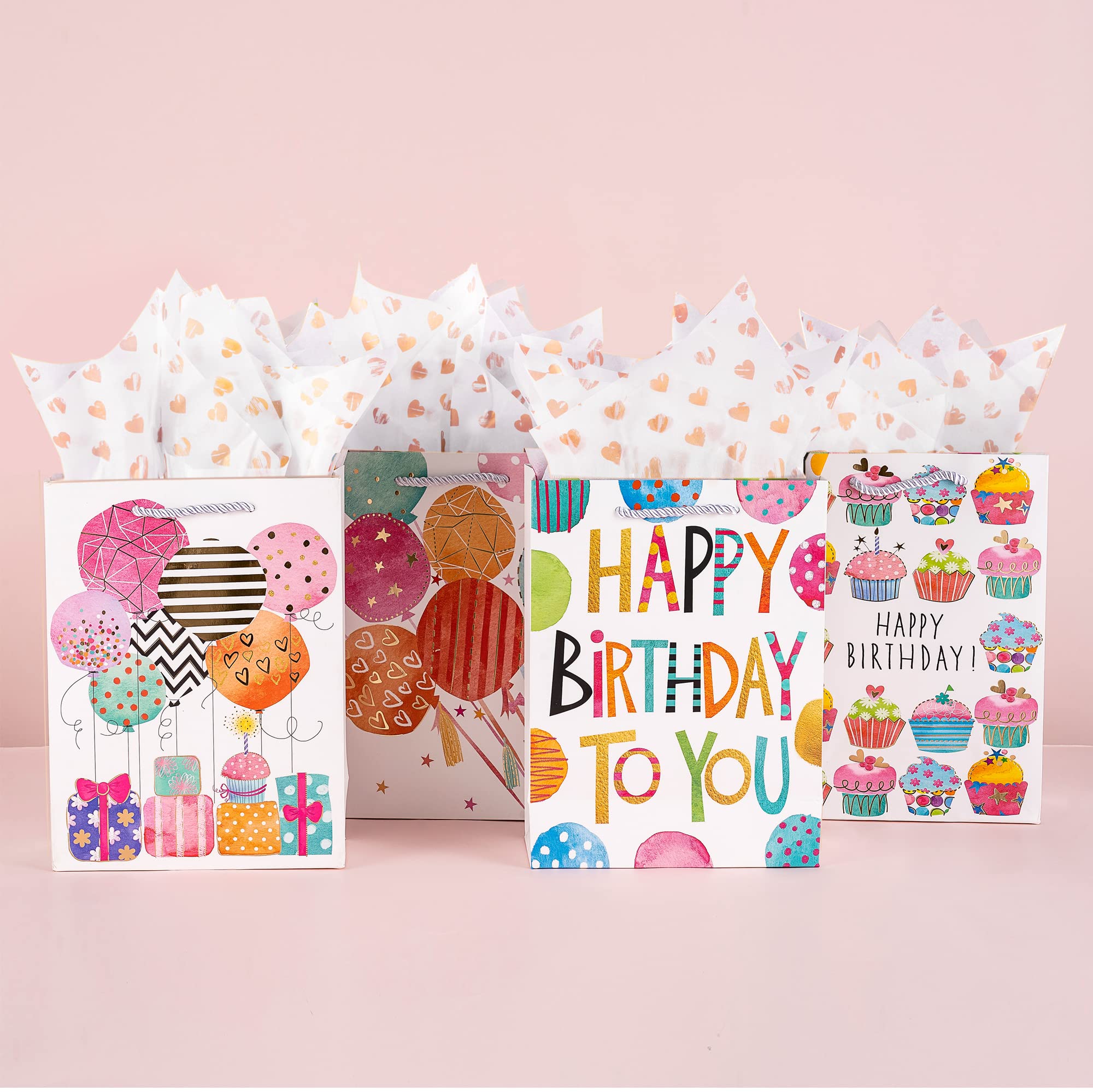 OfficeCastle Small Birthday Gift Bags with Colorful Tissue Paper (Gold Hearts) | 7x4x9 Inch, 4 Pack Birthday Bags for Newborns/Kids/Men/Women