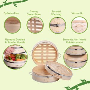 Dumpling Bamboo Steamer 10 Inch 2 Tier Wooden Basket With Handle, Ring Adapter, Reusable Silicone Liner, Kit For Cooking Baby Bao Bun, Dim Sum, Rice Potsticker Steaming Chinese Asian Food & Vegetables