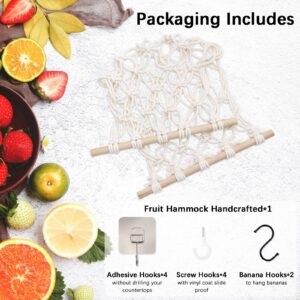 Fruit Basket Hammock Under Cabinet Adhesive, Woven Vegetable Hanging Basket, Fruit Storage for Kitchen with Banana Hooks, Mesh Fruit Holder Organization for Home Dining Room Decor