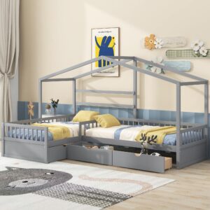 bellemave l-shape house beds with storage drawers two twin size platform bed fence railings wood corner frame montessori decorative panels tent for kids boys girls teens, gray