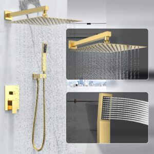 Rain Shower System 12 Inches Shower Head with Handheld Combo Set for Bathroom,High Pressure Rainfall Shower Faucet Set Wall Mounted,Rough-in Valve and Trim Kit(Brushed Gold)