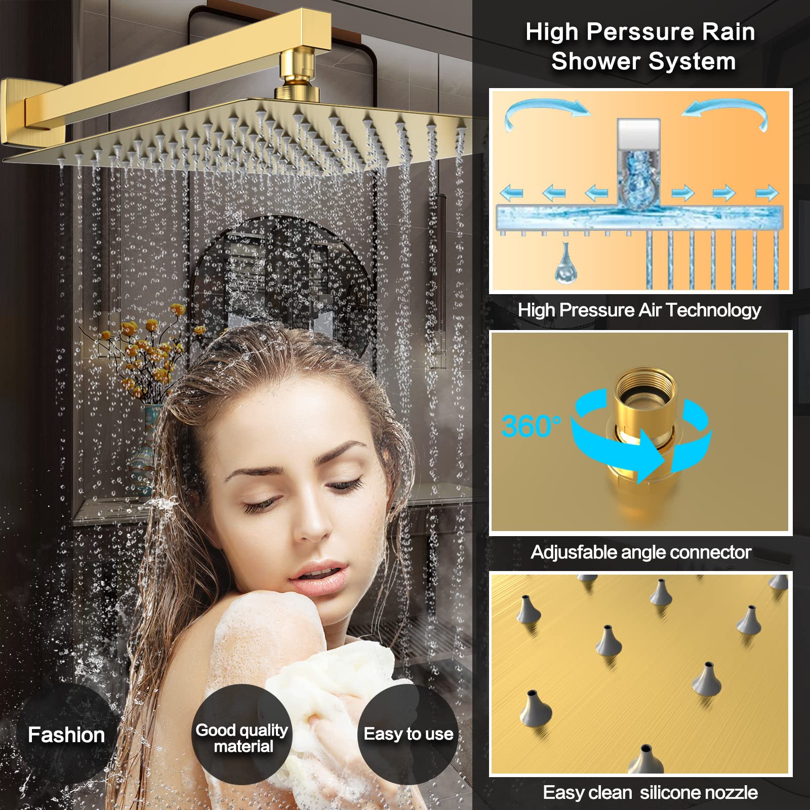 Rain Shower System 12 Inches Shower Head with Handheld Combo Set for Bathroom,High Pressure Rainfall Shower Faucet Set Wall Mounted,Rough-in Valve and Trim Kit(Brushed Gold)