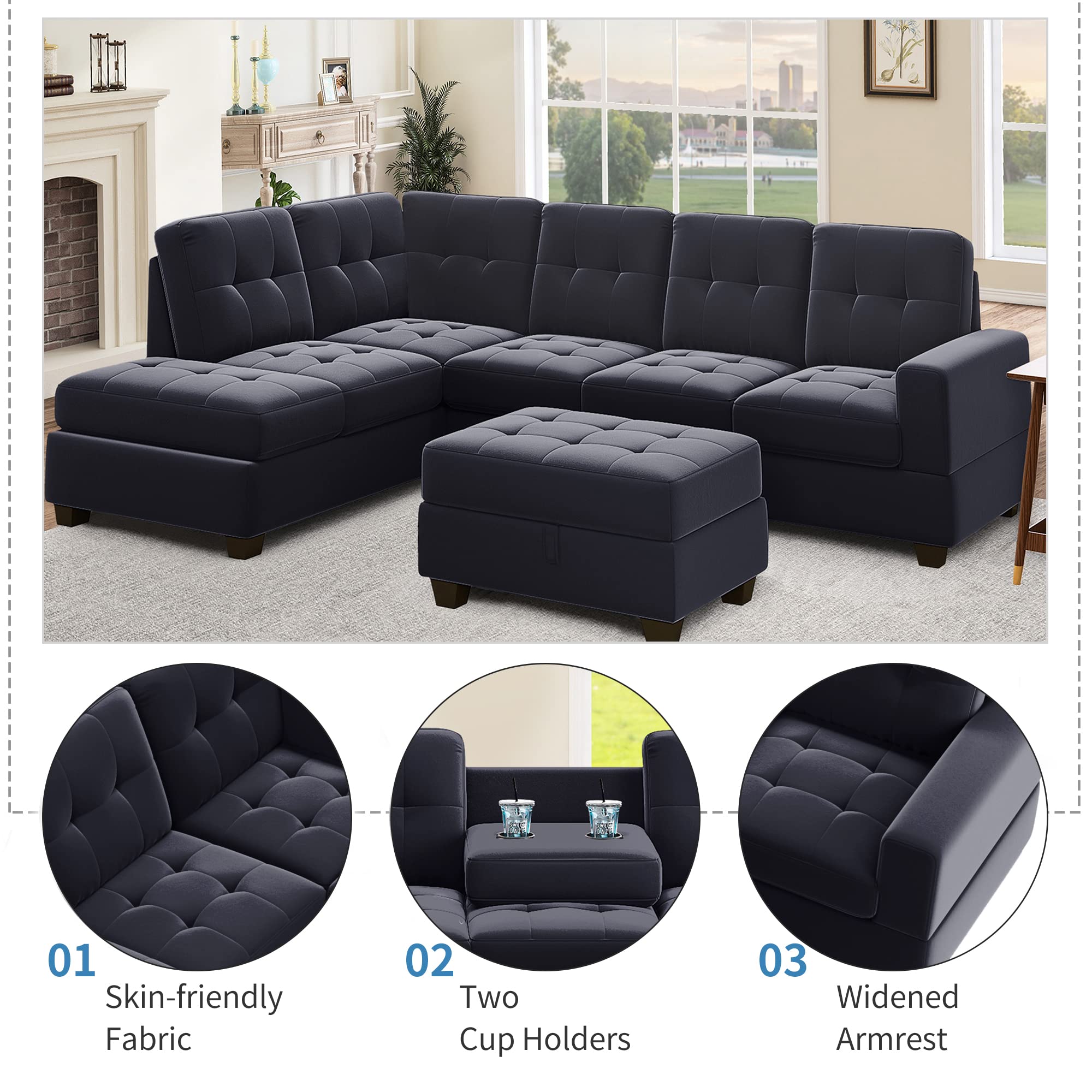 P PURLOVE Modern Sectional Sofa, Reversible Sectional Sofa with Storage Ottoman, L Shaped Couch Set with Reversible Chaise and Two Cup Holders, for Living Room Apartment, Black