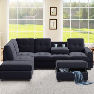 P PURLOVE Modern Sectional Sofa, Reversible Sectional Sofa with Storage Ottoman, L Shaped Couch Set with Reversible Chaise and Two Cup Holders, for Living Room Apartment, Black