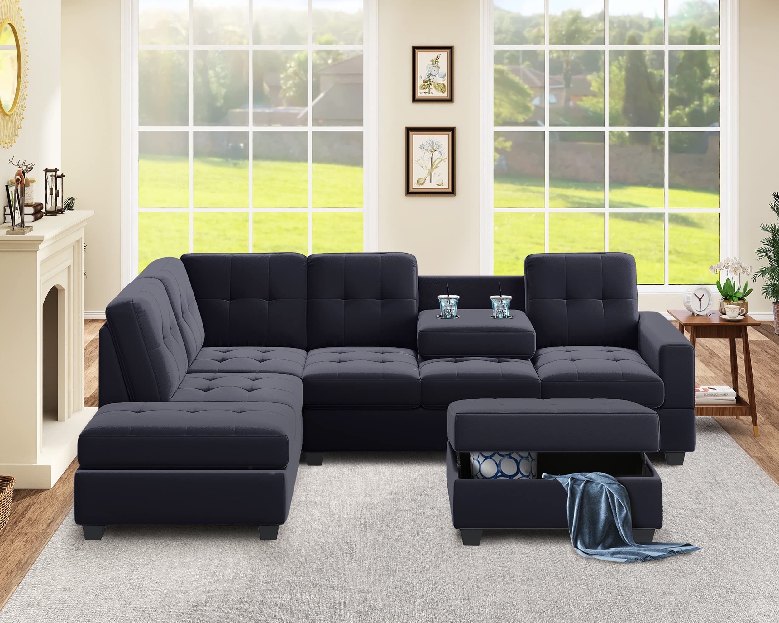 P PURLOVE Modern Sectional Sofa, Reversible Sectional Sofa with Storage Ottoman, L Shaped Couch Set with Reversible Chaise and Two Cup Holders, for Living Room Apartment, Black