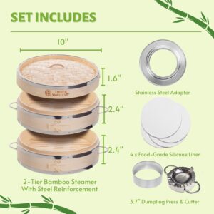 Dumpling Bamboo Steamer 10 Inch 2 Tier Wooden Basket With Handle, Ring Adapter, Reusable Silicone Liner, Kit For Cooking Baby Bao Bun, Dim Sum, Rice Potsticker Steaming Chinese Asian Food & Vegetables