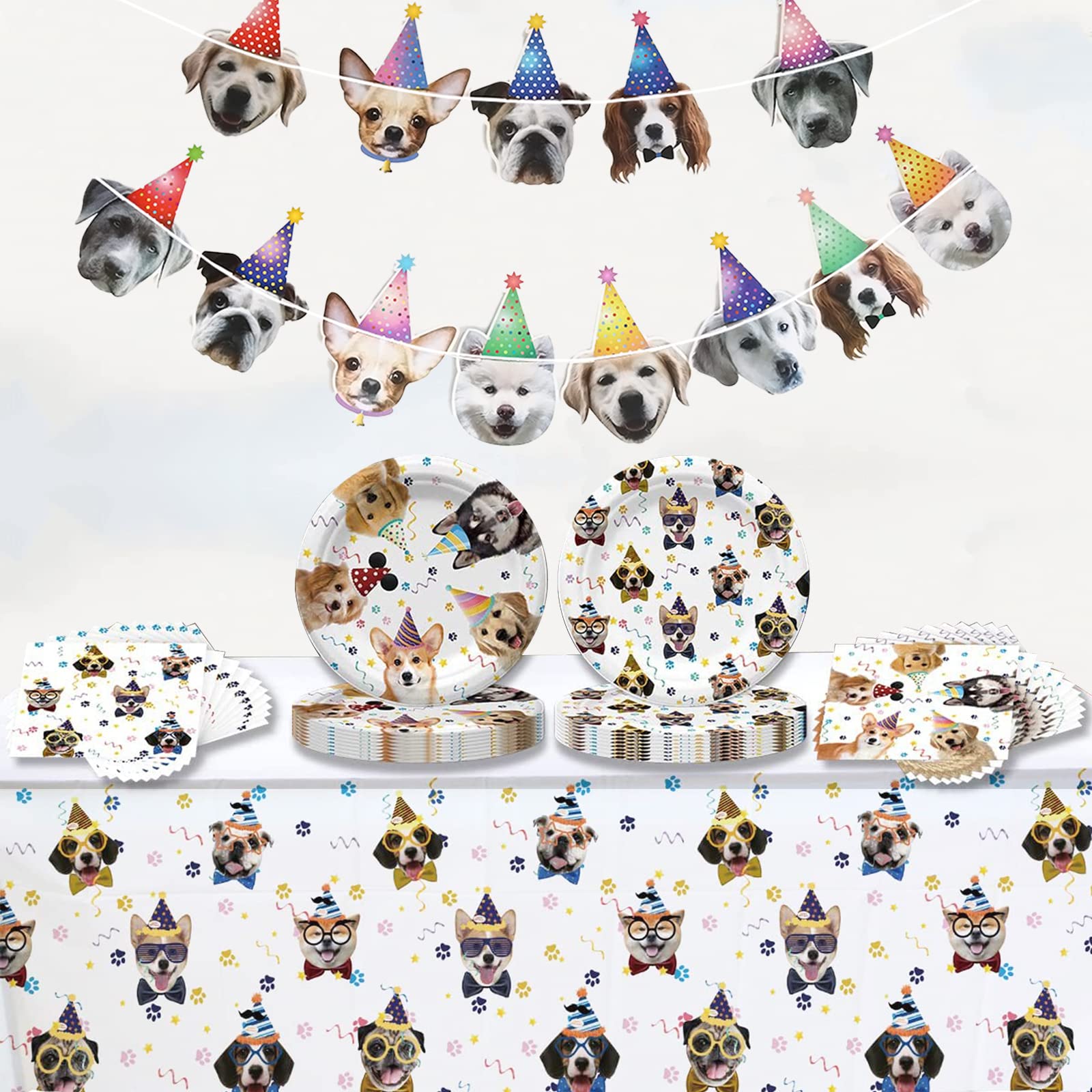 Dog Birthday Party Supplies Serves 20, Puppy Party Decorations Dog Party Plates Banner Napkins Paws Balloons Table Cover and Cake Topper for Doggy Kids Dog Party Decorations