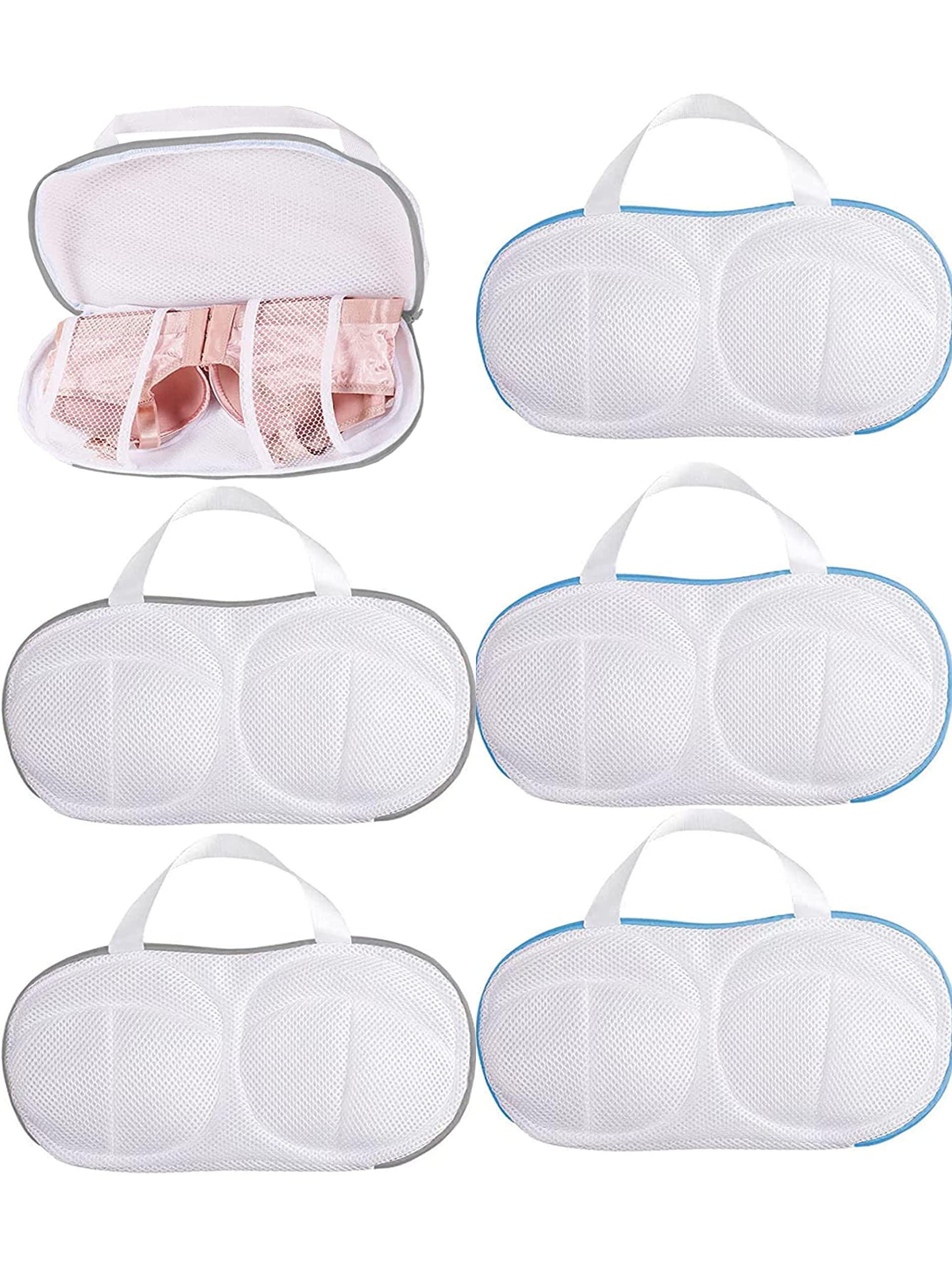 LEACIEN 6Pcs Bra Washing Laundry Mesh Bras Laundry Bag with Handle and Zipper Underwear Bag for Washing Machine (3 White Blue+3 White Grey)