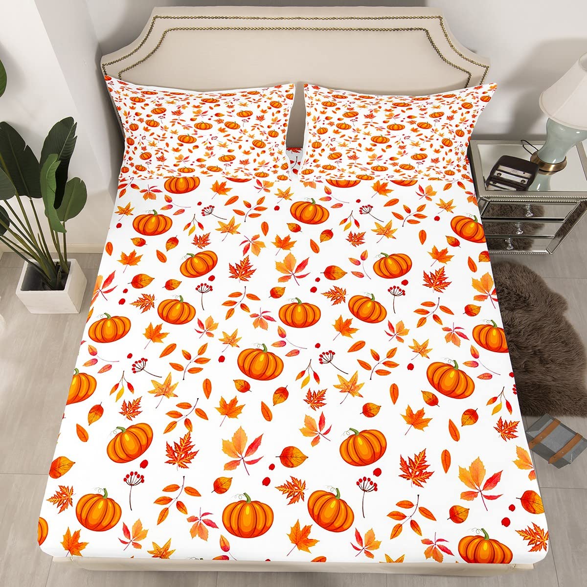 Happy Fall Fitted Sheet Halloween Autumn Pumpkin Bed Sheets Queen,Cute Fall Flowers Maple Leaf Bedding Set Thanksgiving Sheet Set Gifts For Kids Boys Girls Fall Home Bedroom Decor Flat Sheet 4 Pcs