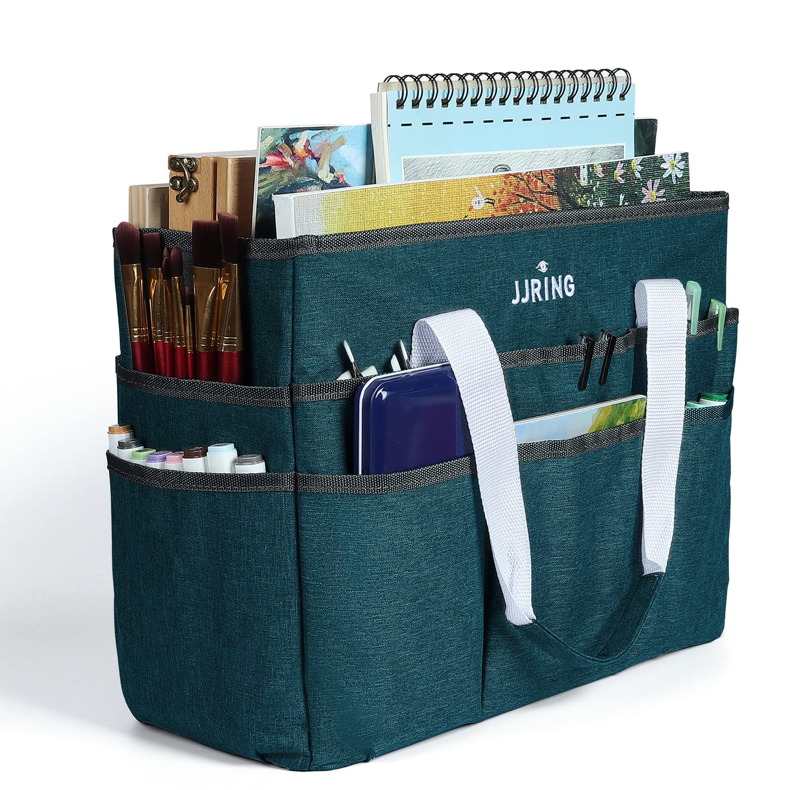 Jjring Craft Organizer Tote Bag, Large Art Storage Caddy with Multiple Pockets, Bluish Green Sewing Bag for Art, Craft, Scrapbooking, School, Medical, and Office Supplies Storage