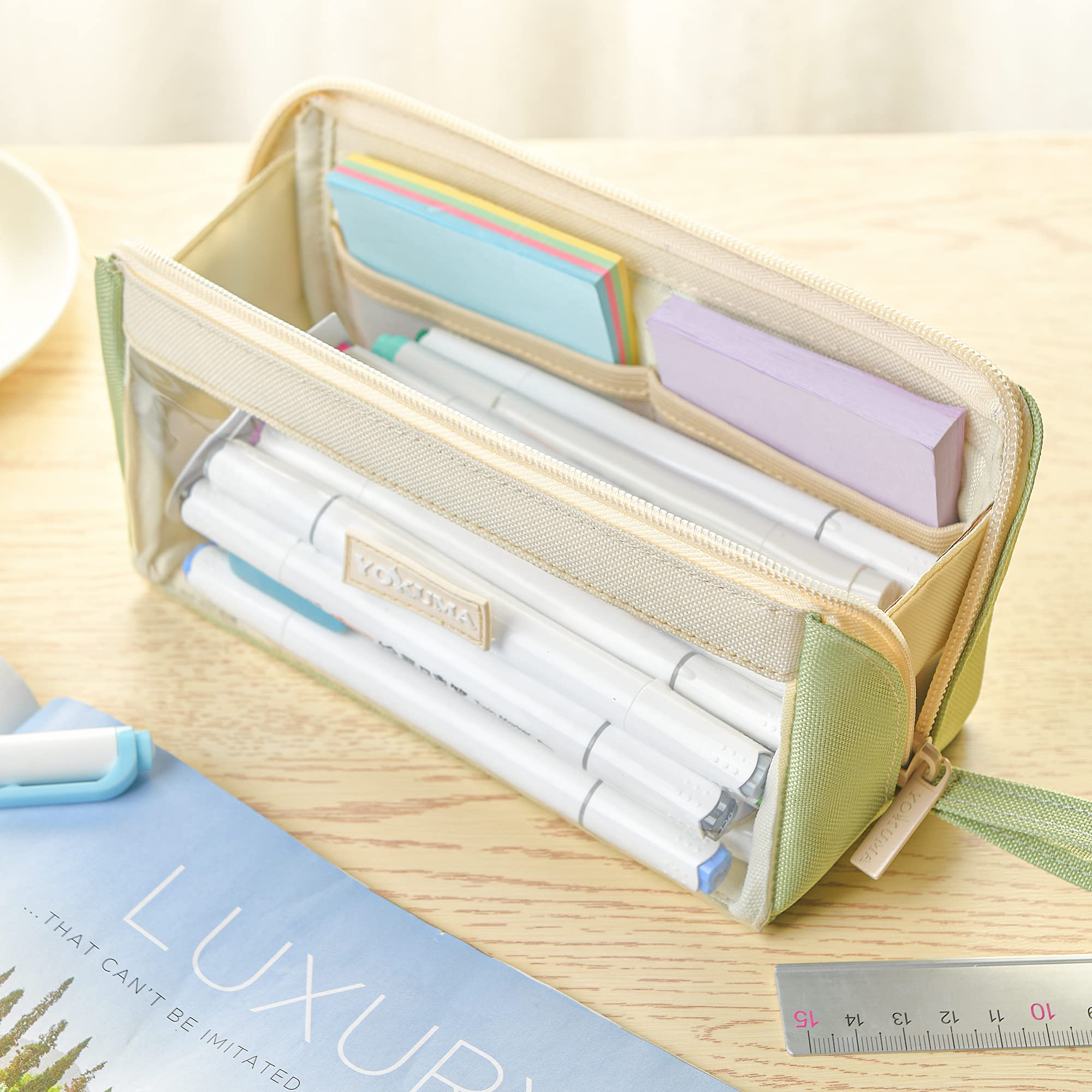 YOKUMA Clear Aesthetic Pencil Case Pouch for Girls Cute Kawaii Mark Pen Case Organizer Large Capacity for Kids Teen College Students Adults,Small Makeup Bag,Back to School Supplies (Green)