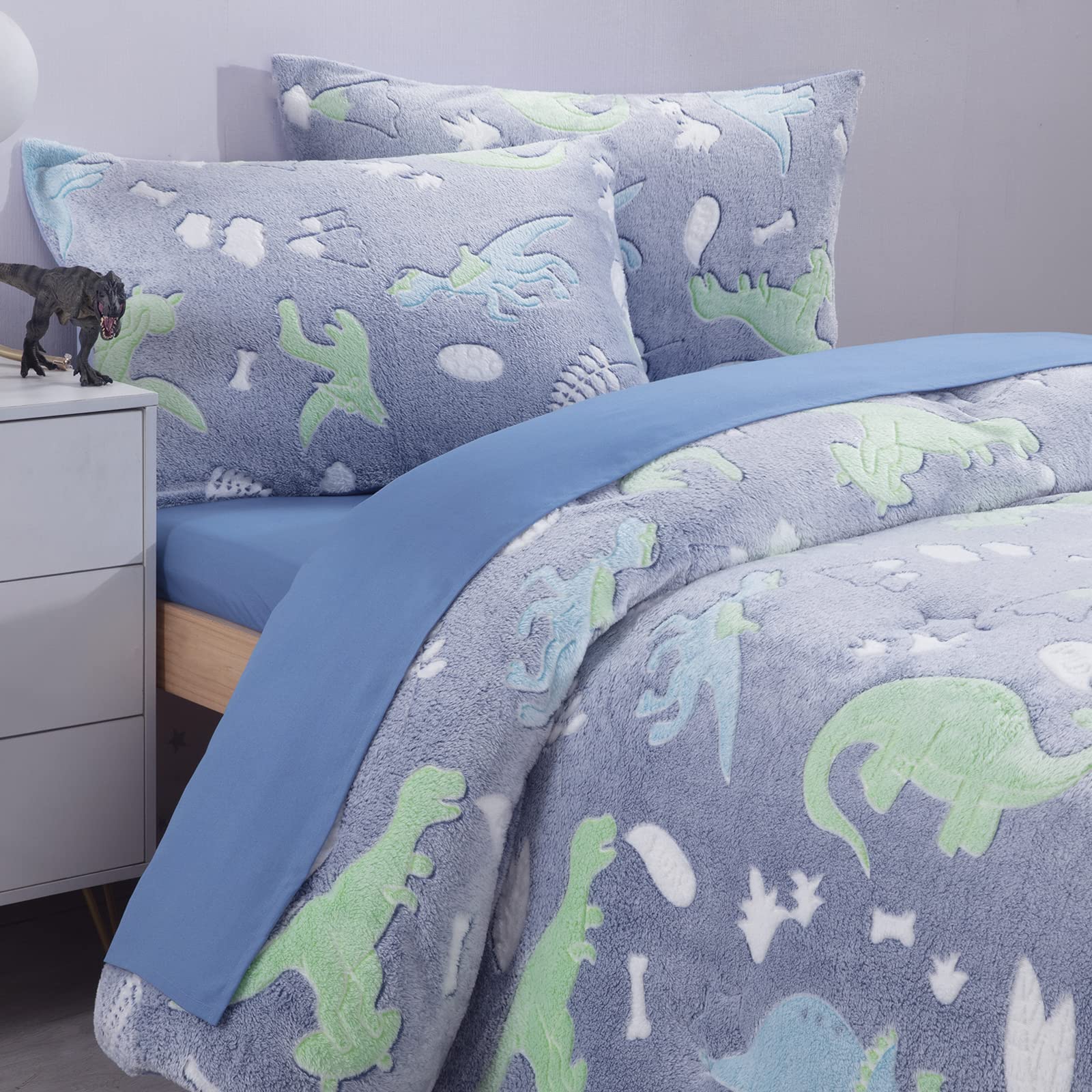 HOMBYS Glow in The Dark Comforter Set 5 Piece Twin/Twin XL with Sheets, Blue Dinosaur Velvet Bedding Comforter Sets for Twin Bed, Ultra Soft Down Alternative Comforter for Boys Kids, Bed in a Bag