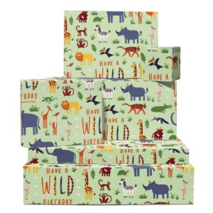 central 23 jungle wrapping paper - 6 sheets of gift wrap with tags - 'have a wild birthday' - zebra, elephant, giraffe, flamingo, lion - safari wrapping paper for kids - girls & boys wrapping paper