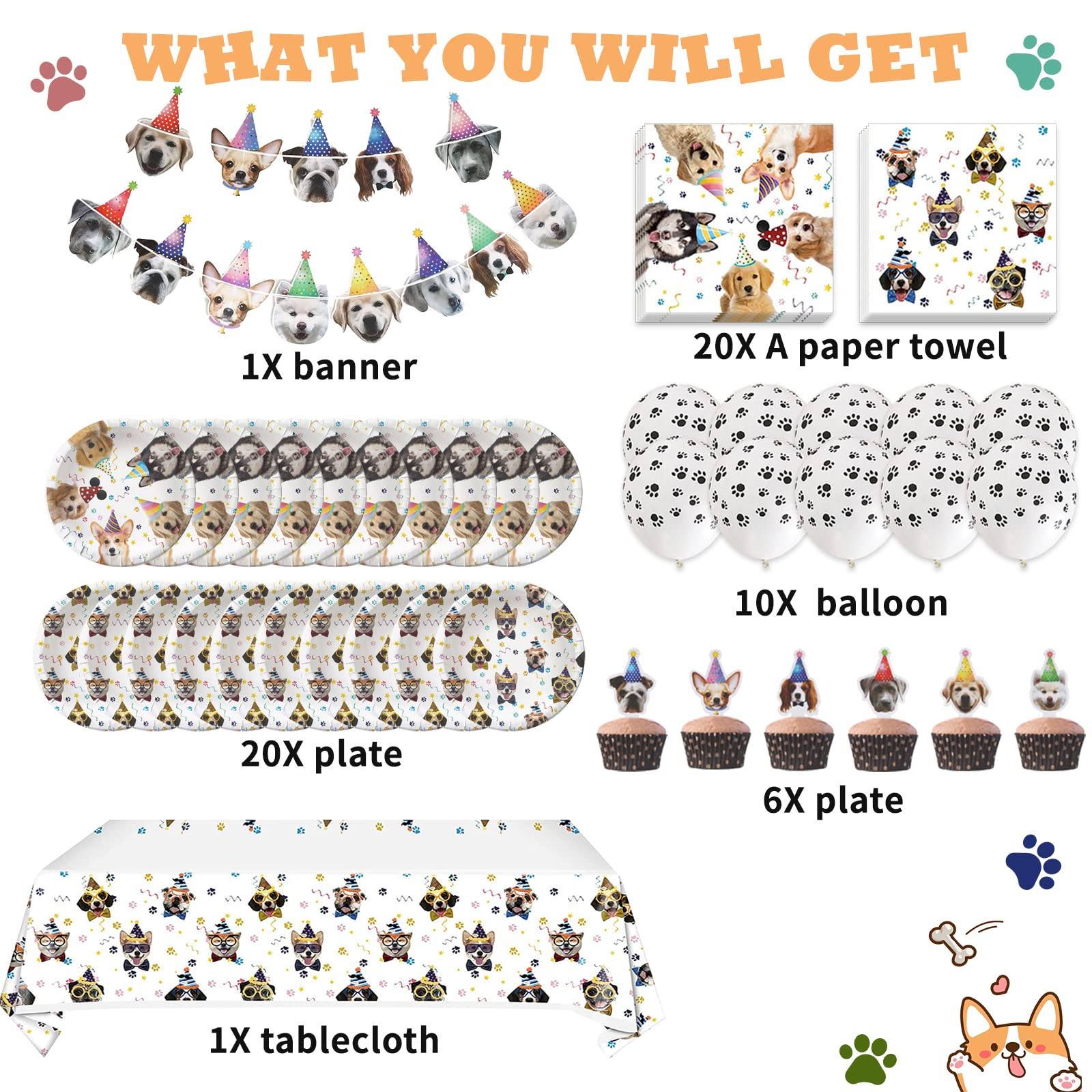 Dog Birthday Party Supplies Serves 20, Puppy Party Decorations Dog Party Plates Banner Napkins Paws Balloons Table Cover and Cake Topper for Doggy Kids Dog Party Decorations