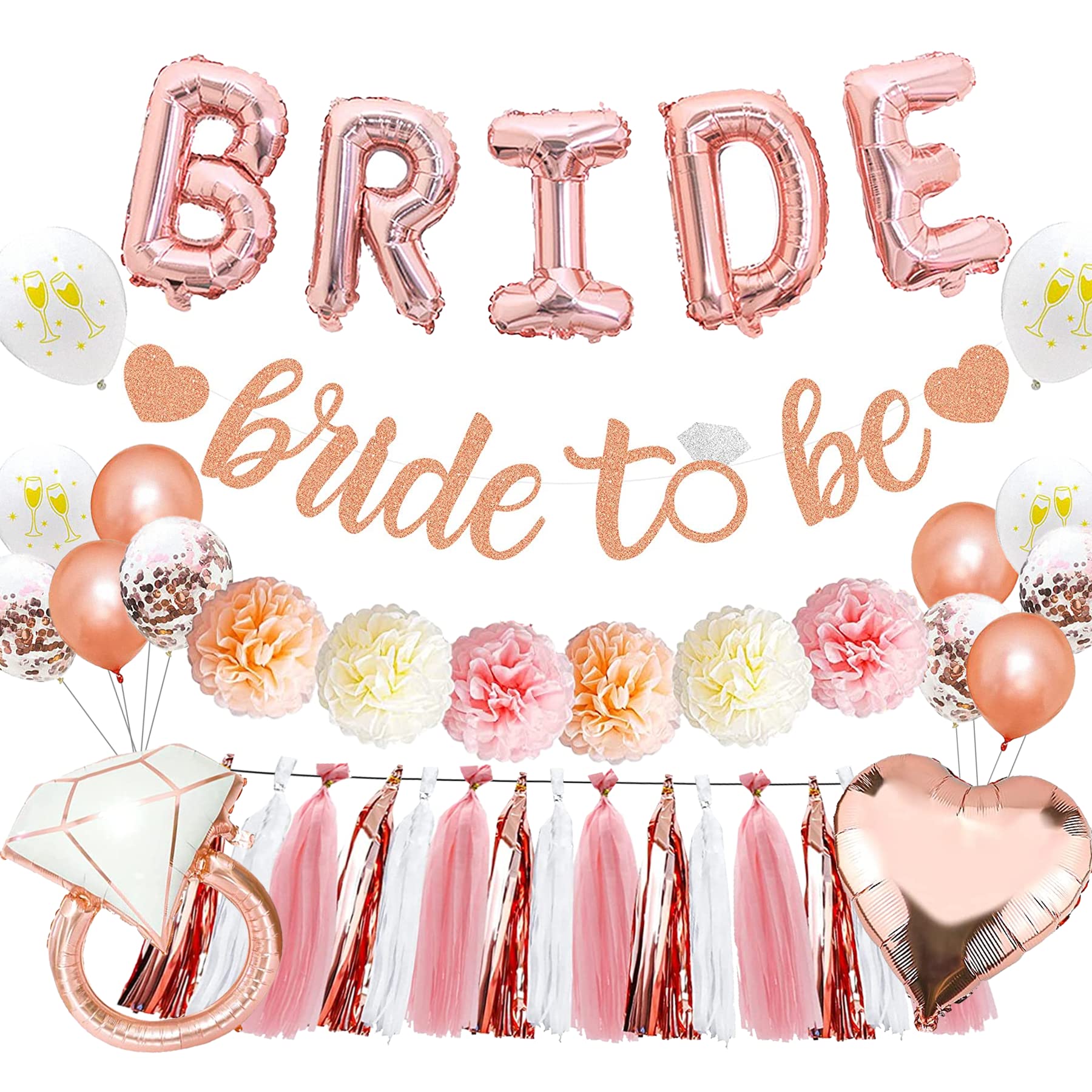 Rose Gold Bridal Shower Decorations Set Bachelorette Party Decorations with Bride to Be Banner, Bride Foil Balloons, Ring Balloon, Heart Balloons, Paper Pom Poms, Tassel, Ballon