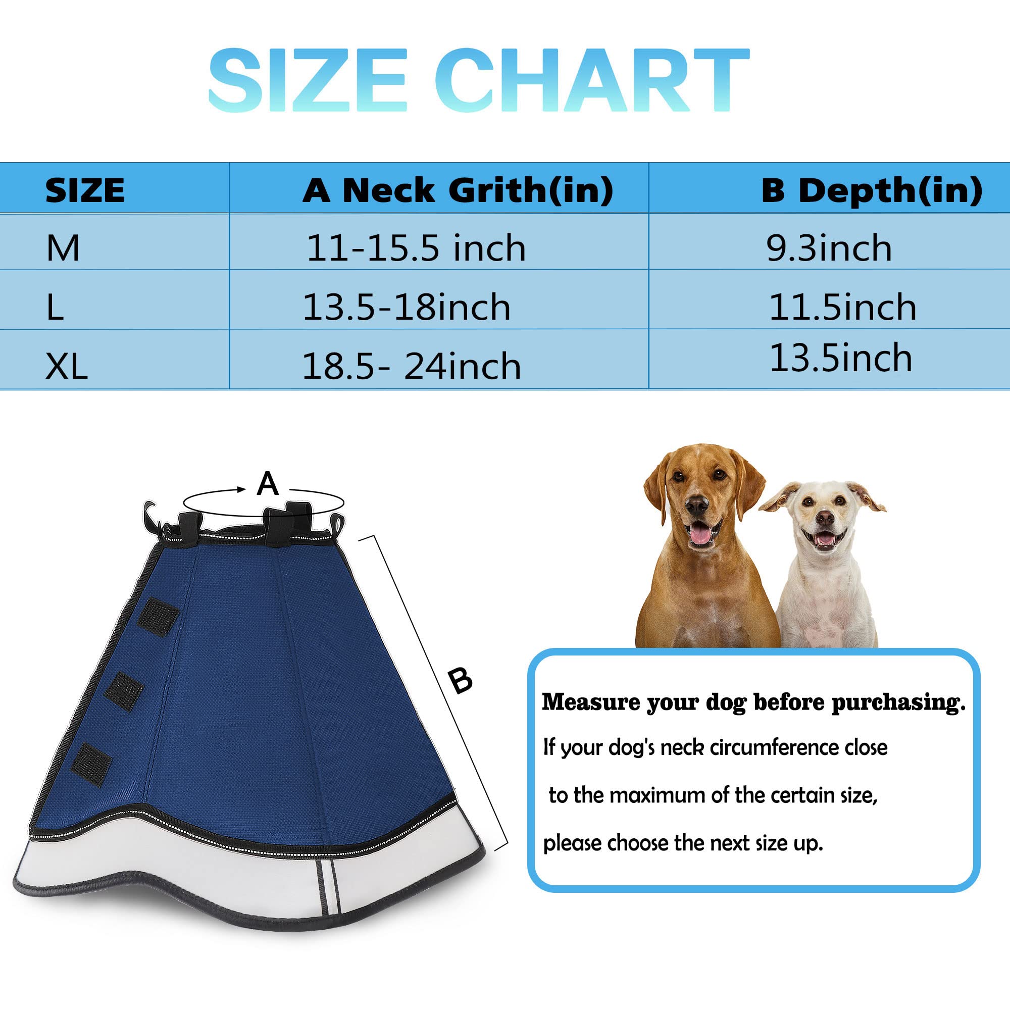 INKZOO Dog Cone Collar for After Surgery, Soft Pet Recovery Collar for Dogs and Cats, Adjustable Cone Collar Protective Collar for Large Medium Small Dogs Wound Healing (Blue, Large)