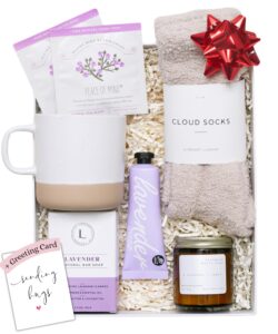 unboxme lavender spa gift set - relaxation gifts for women - get well soon gift basket with scented candle, bath bomb, soap