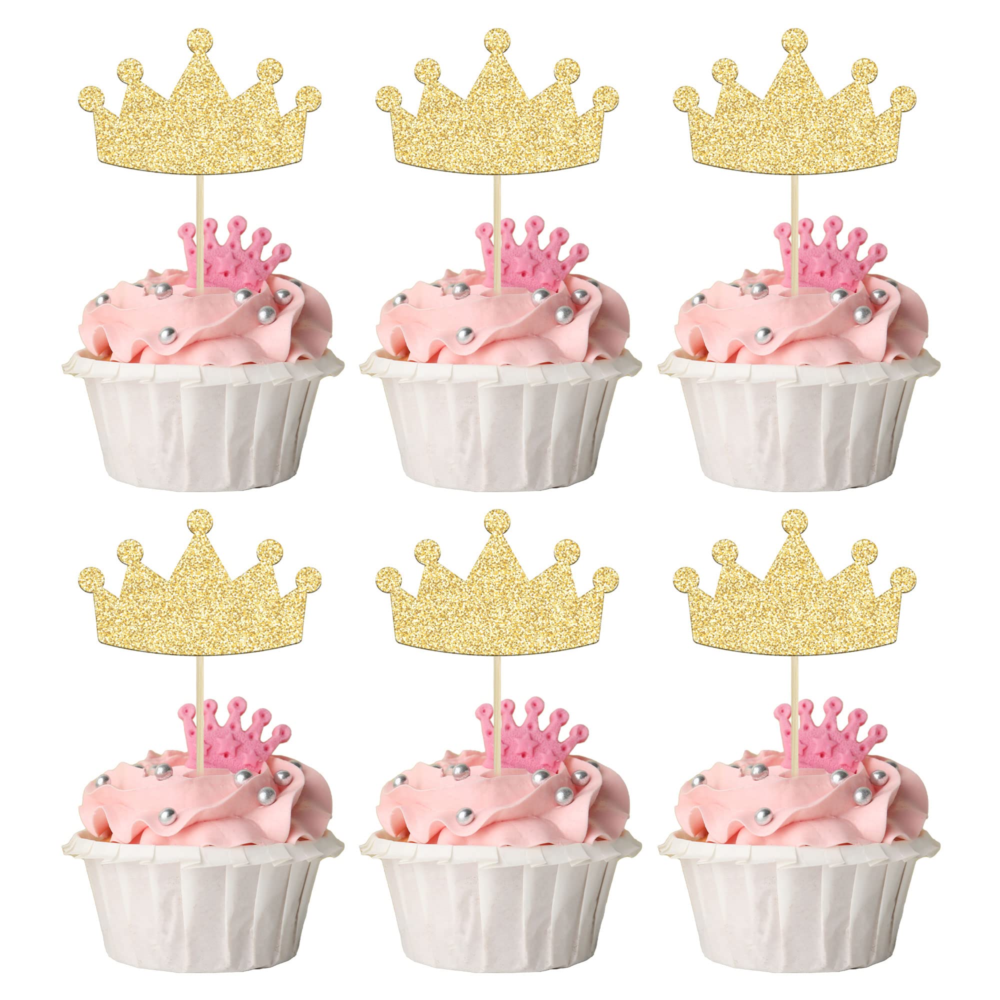 24Pcs Crown Cupcake Toppers Glitter Queen Crown Cupcake Picks for Queen Princess Theme Baby Shower Girls Wedding Birthday Party Cake Decorations Supplies Gold