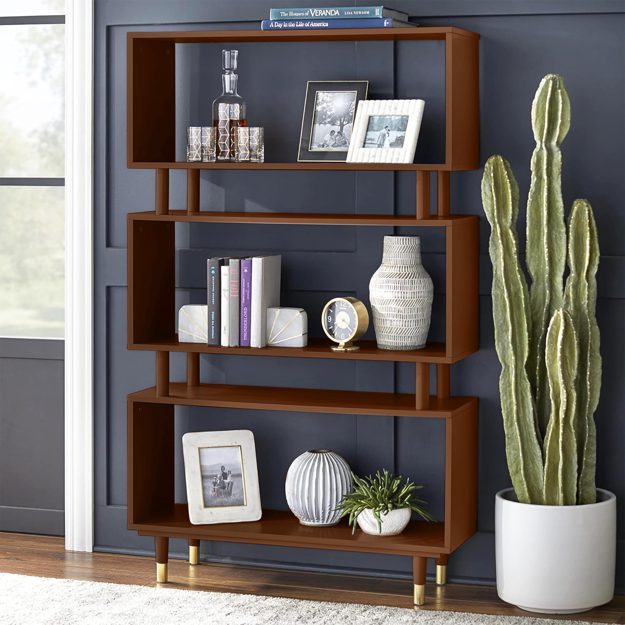 Target Marketing Systems Margo 3-Tier Bookshelf for Home Office, Study, Living Room, Bedroom, Entryway and Hallway, Mid-Century Style Open Bookcase, 36”W x 59.5”H, Walnut