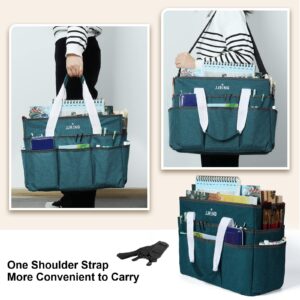 Jjring Craft Organizer Tote Bag, Large Art Storage Caddy with Multiple Pockets, Bluish Green Sewing Bag for Art, Craft, Scrapbooking, School, Medical, and Office Supplies Storage