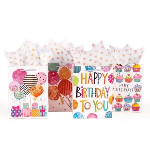 officecastle small birthday gift bags with colorful tissue paper (gold hearts) | 7x4x9 inch, 4 pack birthday bags for newborns/kids/men/women