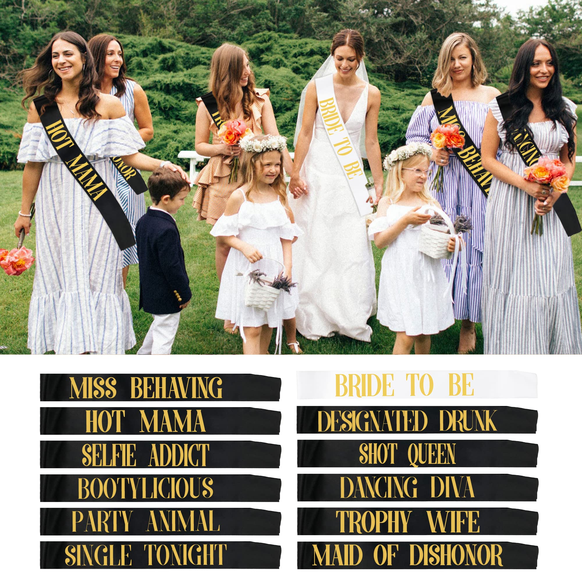 EOUYT 12 Pack Funny Bachelorette Party Sashes 1 White Bride to be Sash and 11 Black Bride Tribe Sashes for Bachelorette Party,Bridal Party and Bridal Shower