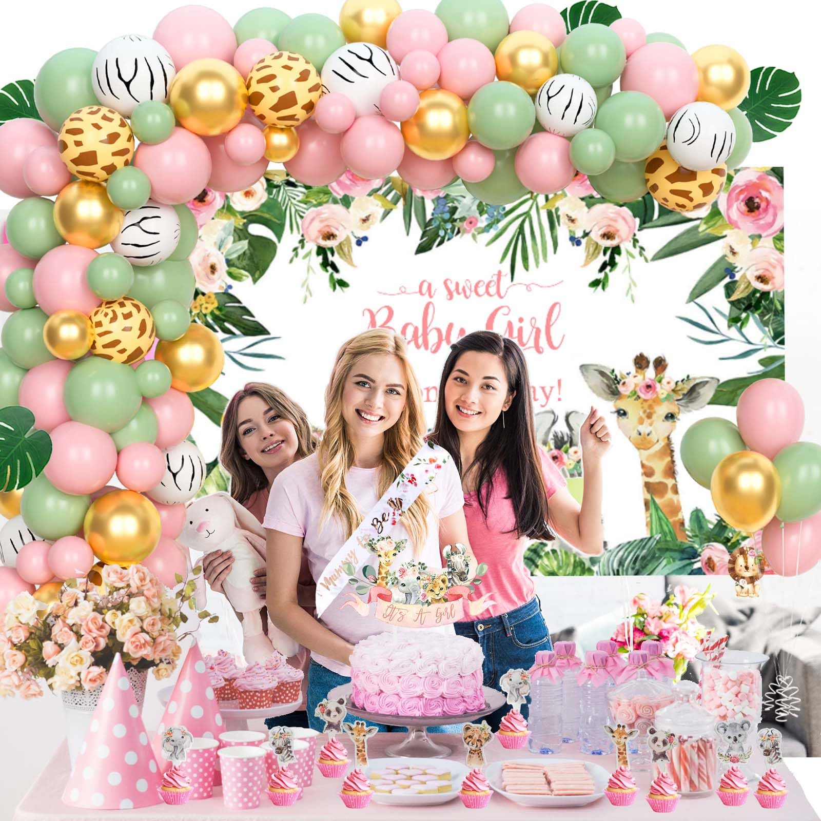 Fiesec Safari Baby Shower Decorations for Girl, Jungle Themed Décor Backdrop Balloon Garland Arch Artificial Leaves Box Cutout Glitter Banner Cake Topper Sash Lion Cheetah Giraffe Pink 140 PCs